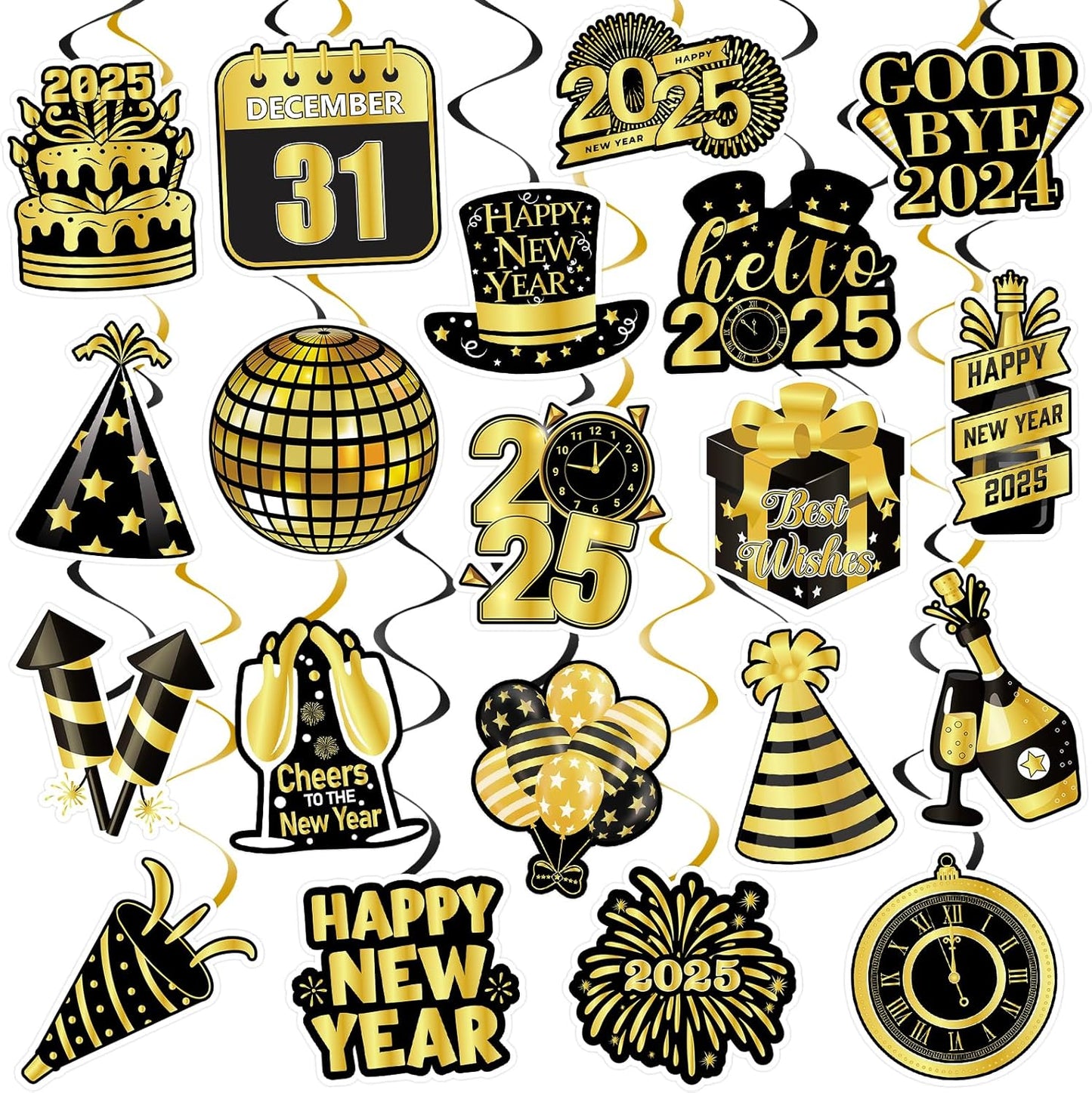 40Pcs Happy New Year Decorations Hanging Swirls, Black and Gold Happy New Year Hanging Swirls Ceiling Decor Happy New Year Hanging Decorations New Year's Eve Party Decorations Supplies 2025