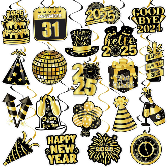 40Pcs Happy New Year Decorations Hanging Swirls, Black and Gold Happy New Year Hanging Swirls Ceiling Decor Happy New Year Hanging Decorations New Year's Eve Party Decorations Supplies 2025