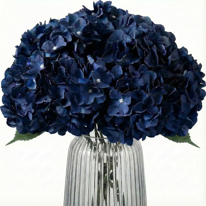 2Bouquets Artificial Fake Flowers Silk Hydrangea Arrangements Wedding Bouquets Decorations Plastic Floral Home Kitchen Garden Party Festival Bar DIY (Navy Blue)