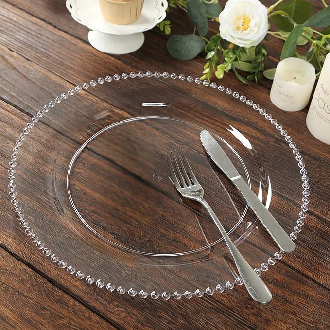 Efavormart 10-Pack Economy Plastic Charger Plates 13" Round Clear Beaded Rim - Stylish Dinner Party Serving Plates