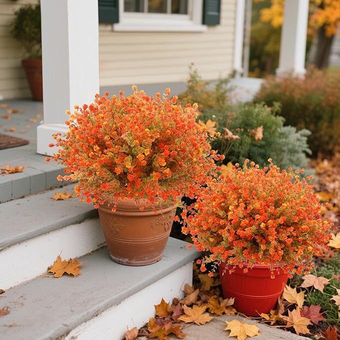 12 Bundles Faux Mums for Fall Decor, UV Resistant Fall Flowers Artificial for Decoration Fake Mums for Thanksgiving Halloween Autumn Indoor Outdoor Garden Porch Window Wedding Cemetery(Fall Orange)