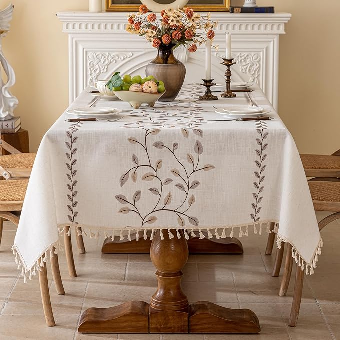 Joyfol Day Rectangle Linen Tablecloth, Heavy Duty Waterproof Tablecloths, Farmhouse Embroidery Leaves Table Cloth with Tassels, Soft Wrinkle Free Table Cover, Coffee Vines, 55''x 102''