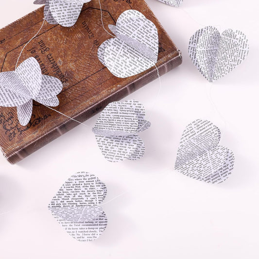 4 Pack Heart Shaped Book Pages & Newspaper Bunting Strand String Banner Wedding and Christmas Garland Decorator (White Heart)
