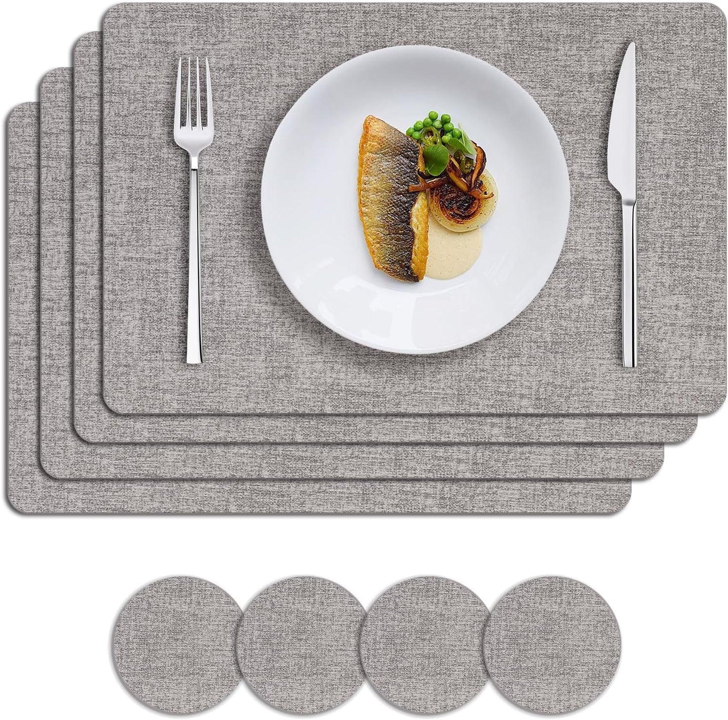 MOSAYT Placemats Set of 4, Heat Resistant Vinyl Place Mats with Coasters, 100% Waterproof Wipeable Washable Faux Leather Table Mats for Kitchen Dining Party Outdoor, 12" x 18", Light Grey