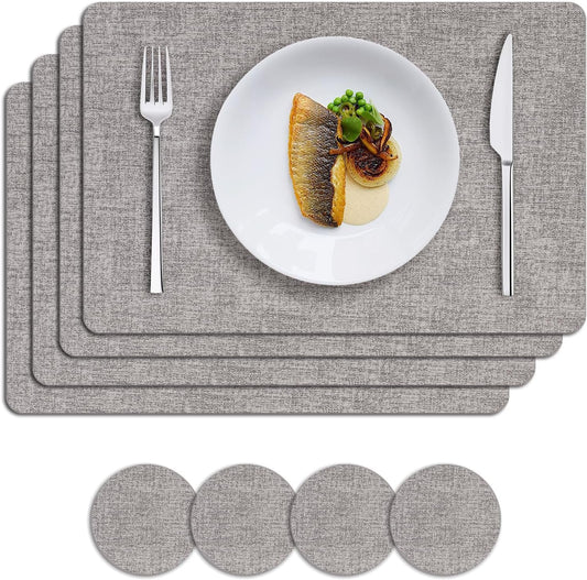 MOSAYT Placemats Set of 4, Heat Resistant Vinyl Place Mats with Coasters, 100% Waterproof Wipeable Washable Faux Leather Table Mats for Kitchen Dining Party Outdoor, 12" x 18", Light Grey