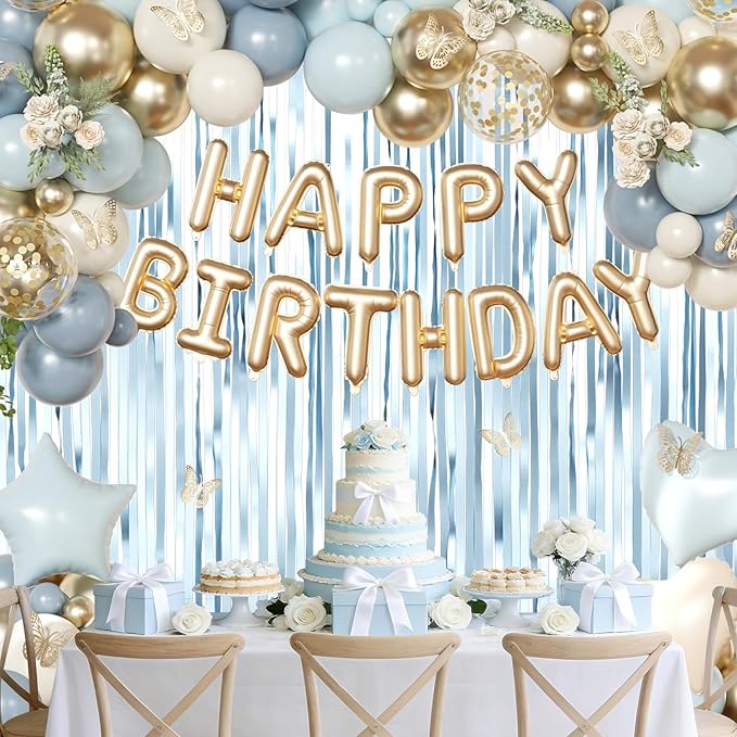 Blue Birthday Decorations, Dusty Light blue Sand White Gold Confetti Foil Balloons Happy Birthday Banner Gold Butterfly Fringe Curtains, Dusty Blue Birthday Decorations for Girls Women