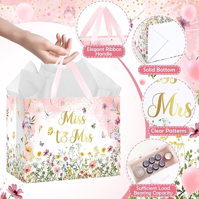 Bridal Shower Gift Bag Wedding Miss to Mrs Gifts Bag with Tissue and Card Bridal Shower Gift Wrapping Paper Bag Floral Wedding Gift Bags Bride Engagement Bachelorette Party Bag Bride to Be Gifts