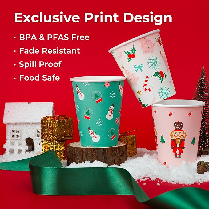 Fit Meal Prep 50 Pack 12 oz Christmas Disposable Coffee Cups, Premium Christmas Paper Cups for Hot/Cold Beverages, Xmas Party Cups for Kids, Adult, Party, Holiday