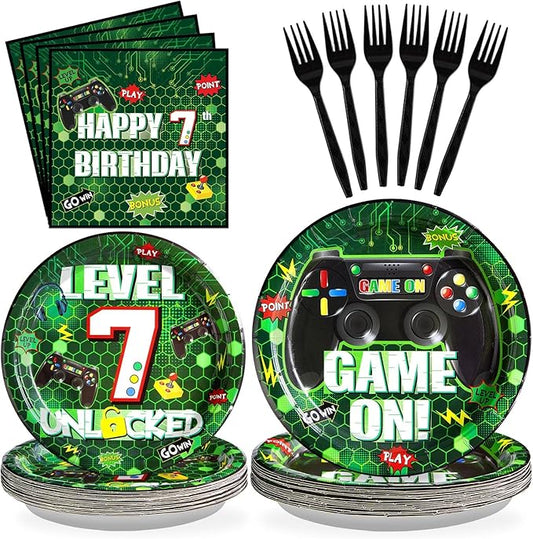 Grencian 96Pcs 7th Birthday Party Decorations Green Video Game Paper Plates Disposable 7th Birthday Paper Tableware Set for Boys 7 Year Old Video Gamer Birth-day Gaming Party, Serves 24