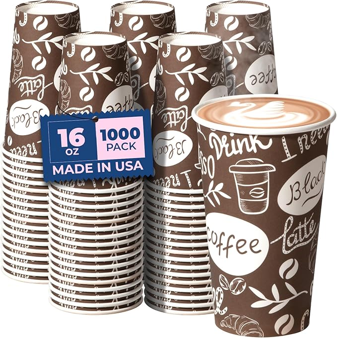 Fit Meal Prep 16 oz Coffee Cups 1000 Count, Leak-Proof Hot Cup, Disposable Paper Coffee Cup Bulk for Hot/Cold Beverage, Durable Thickened Paper Cups for Party, Office, Bussines, Home, Bistros