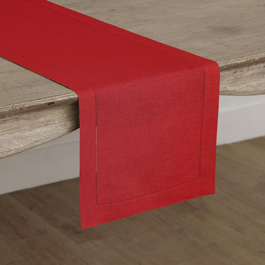 Solino Home Linen Red Table Runner 36 Inches - Classic Hemstitch, 100% Pure Linen Coffee Table Runner 14 x 36 Inch Ideal for Dresser Tables - Christmas, Holiday
