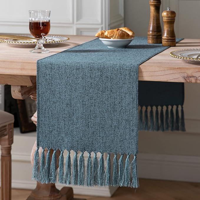 ZeeMart Blue Table Runners 60 Inches Long, Burlap Linen Style Rustic Farmhouse Table Runner, Boho Woven Dining Table Runner, 13x60 Inches, Blue