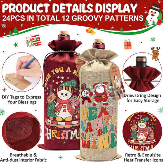 Aoonby 24PCS Burlap Wine Bags Christmas Wines Gift Bag, Drawstring Retro Christmas Bottle Cover Gift Bag w/Tag, Reusable Wines Bags for Bottles Gifts Wine Bottle Covers for Xmas Holiday Party Decor
