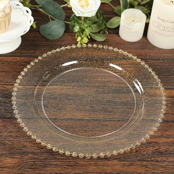 Efavormart 10-Pack Economy Plastic Charger Plates 13" Round Clear/Gold Glitter with Beaded Rim - Stylish Dinner Party Serving Plates