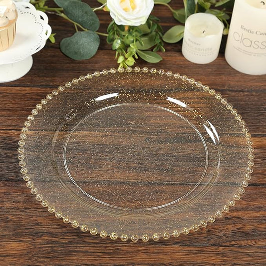 Efavormart 10-Pack Economy Plastic Charger Plates 13" Round Clear/Gold Glitter with Beaded Rim - Stylish Dinner Party Serving Plates