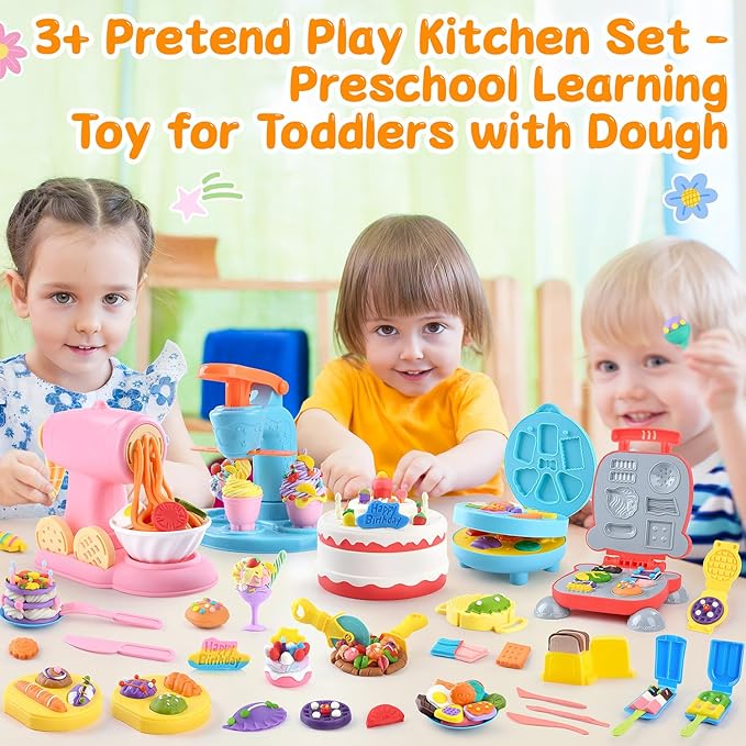 5-in-1 Color Dough Sets for Kids Ages 3+ DIY Food Maker Toys Set with 24 Dough, Arts and Crafts Kit for Pretend Play Ice Cream/Cake/Noodle/Hamburger/Pizza/Baking Set Toys Machines
