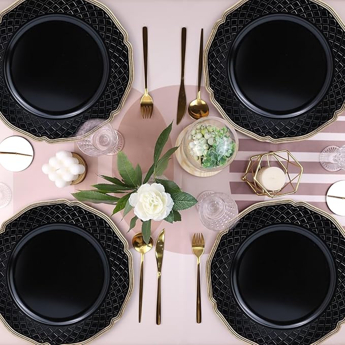 Black Scallop Charger Plate, Set of 6 Plastic Wedding Bulk Plate Charges for Dinner Plates, Table Decoration, Holiday, Thanksgiving, Christmas.