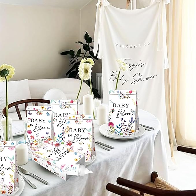 BACH AND BOUJEE 12 PCS Baby in Bloom Party Favors Gift Bags Floral Small Goodie Candy Bags with Stickers Wildflower Baby in Bloom Baby Shower Birthday Party Supplies