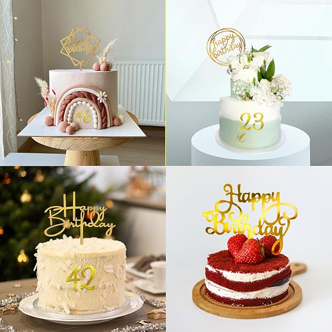 50 PCS Gold Happy Birthday Cake Topper Acrylic Cupcake Topper Pick for Birthday Cake Desserts Decorations (Gold)