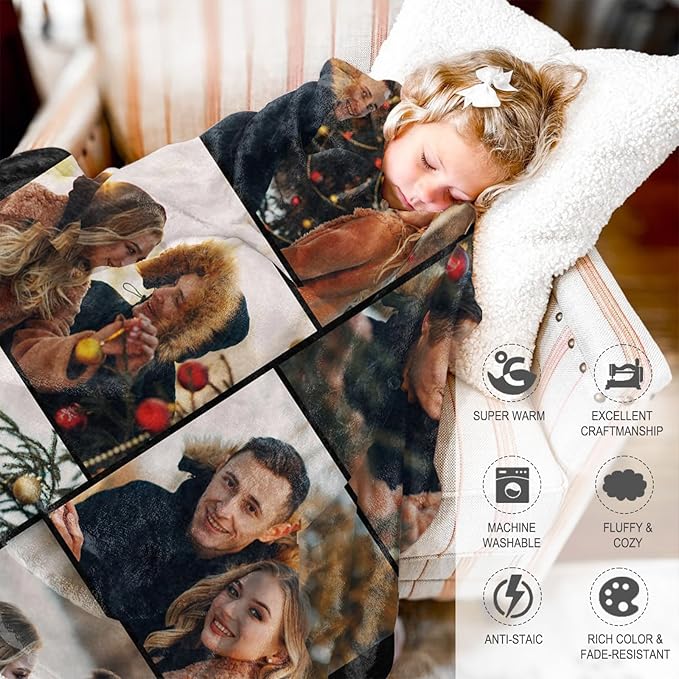 Ships Next Day Custom Blanket with Picture Text Personalized Throw Blanket Photo Collage Blankets Customized Valentines Day Gifts for Couple Girlfriend Boyfriend Her Him Wife Husband