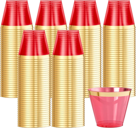 supernal 100 Pcs Red Cups, 9oz Red Plastic Cups with Gold Rim, Plastic Wine Cocktail Glasses Perfect for Party, Wedding and Birthday, Cute Cocktail Party Cup Disposable Wine Glasses