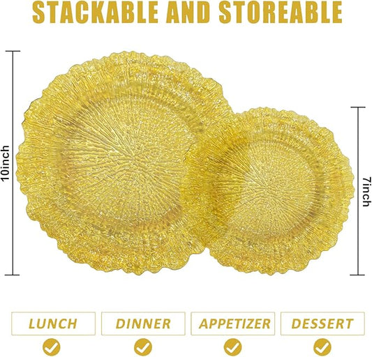 U-QE 60PCS Clear Yellow Plates - Yellow Plastic Plates Disposable&Reusable - Heavy Duty Plastic Plate for Party&Wedding Including 30 Dinner Plate 10" & 30 Appetizer 7"