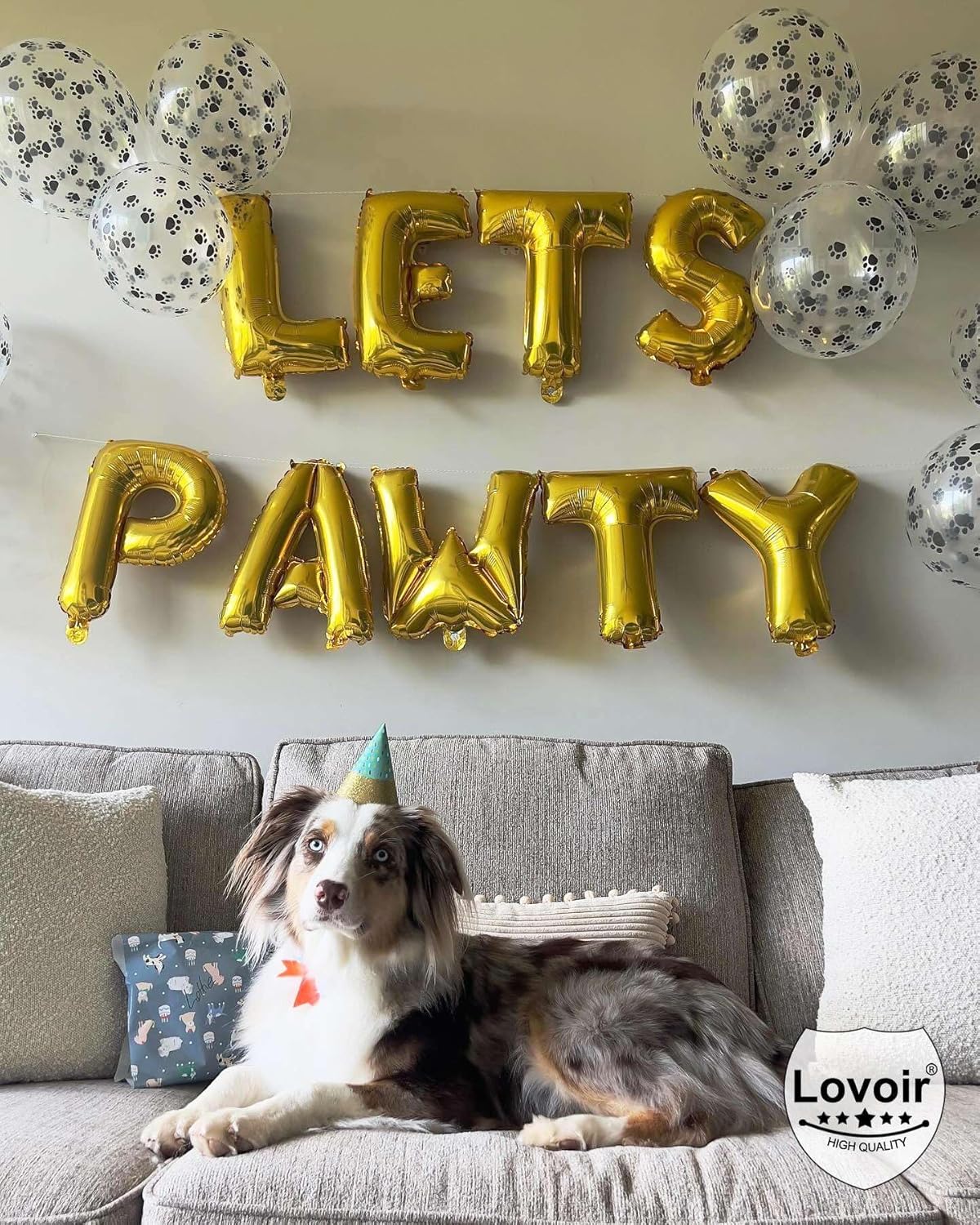 9 Pcs Lets Pawty Balloons Banner 16 Inch, Dog Cat Pet Birthday Letters Sign Lets Pawty Balloons Happy Birthday Banner for Pet Dog Cat Party Supplies Decorations (Gold)