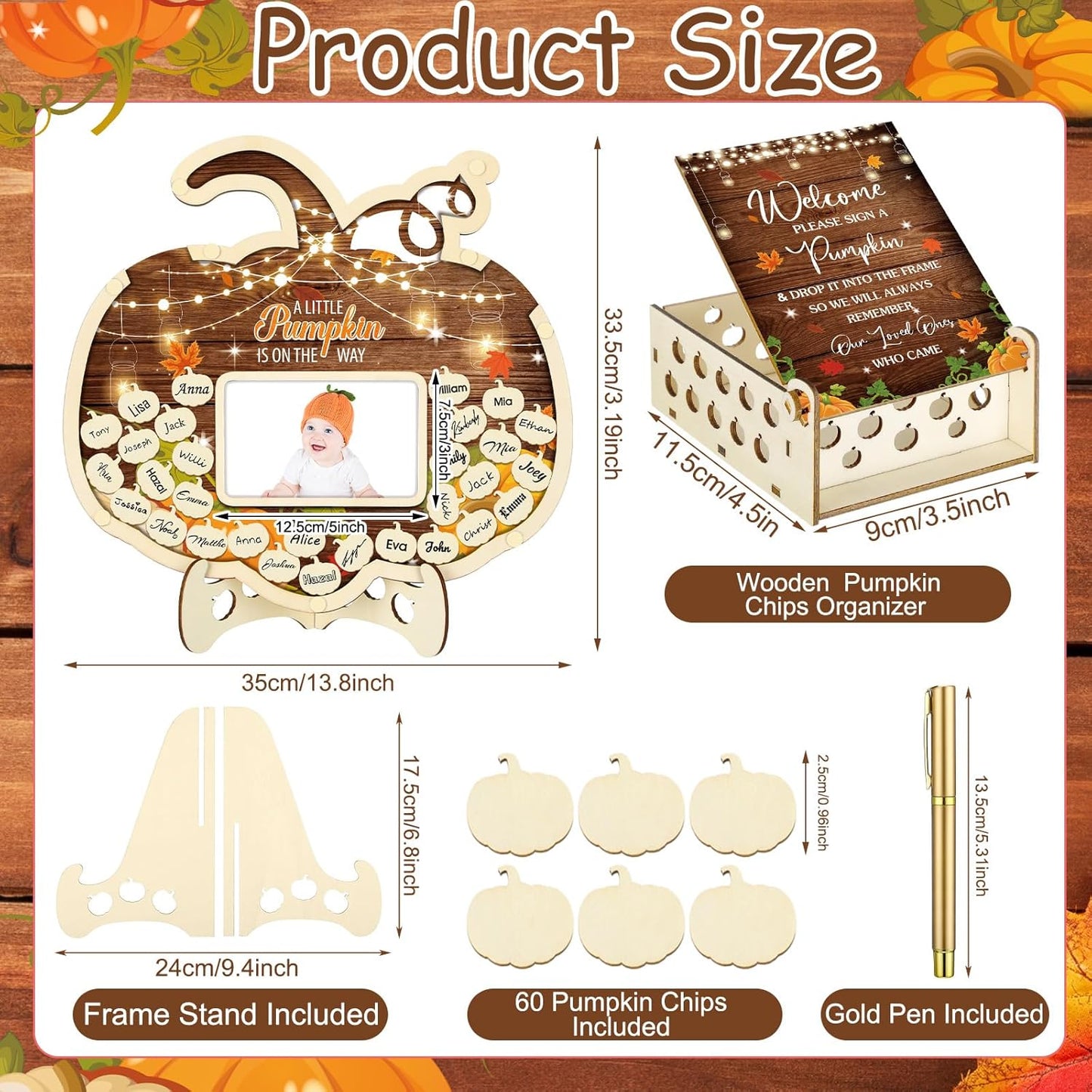 Wenqik 63 Pcs Rustic Little Pumpkin Baby Shower Guest Book Alternatives Set Baby Shower Decorations with Photo Frame Sonogram Frame Keepsake 60 Wood Slices Guest Book for Birthday