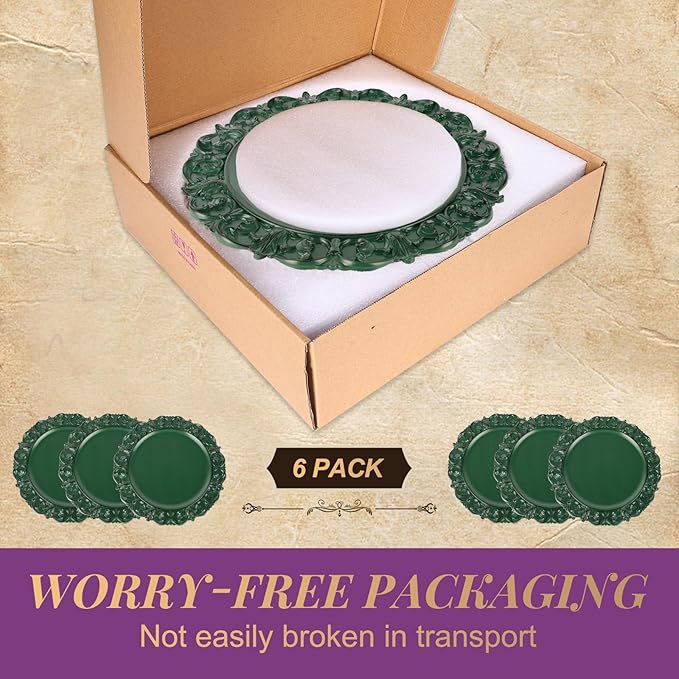 Gifturbo 6 Pcs Green Charger Plates, 13 Inch Round Chargers for Dinner Plates with Vintage Embossed Rim, Antique Plastic Plate Chargers for Christmas Party, Table Setting, Wedding