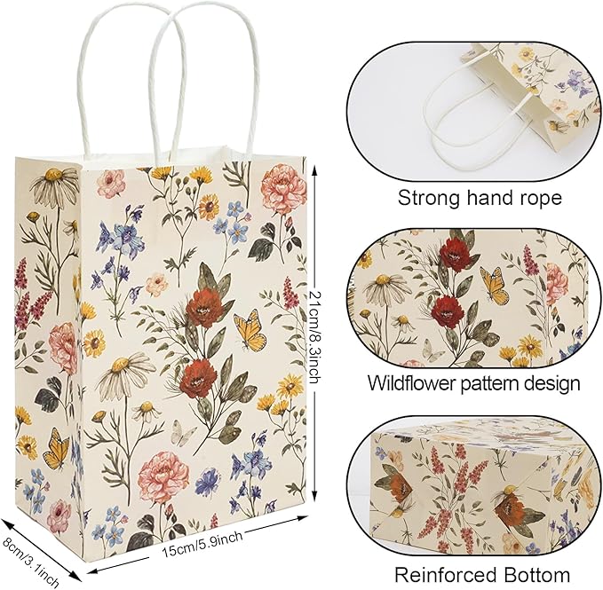 48Pcs Vintage Wild Floral Paper Gift Bags With Handles - Wildflower Print Treat Bags for Grocery Shopping, Candy, Baby Shower, Wedding Party Supplies