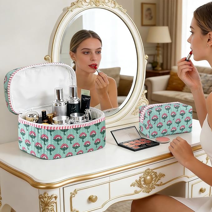 2Pcs Quilted Makeup Bag Set, Floral Boho Toiletry Bag Travel Essentials Gifts for Women Girls, Cute Flower Cosmetic Organizer Pouch Make Up Bags for Travel Bachelorette Party Favors (Pink - Ice Green)