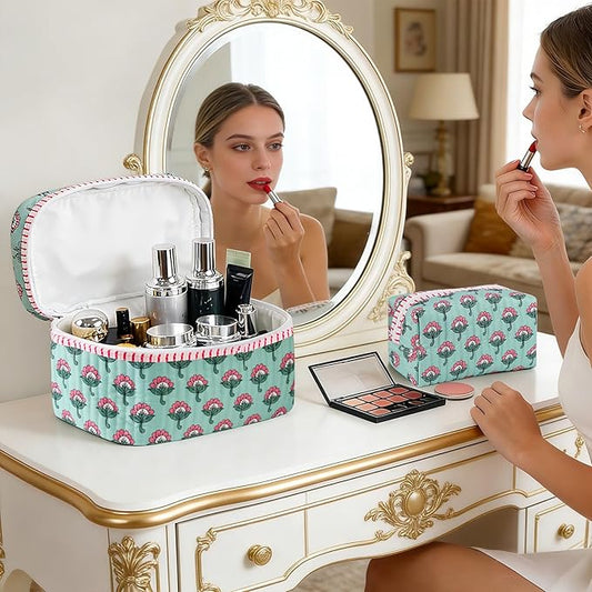 2Pcs Quilted Makeup Bag Set, Floral Boho Toiletry Bag Travel Essentials Gifts for Women Girls, Cute Flower Cosmetic Organizer Pouch Make Up Bags for Travel Bachelorette Party Favors (Pink - Ice Green)