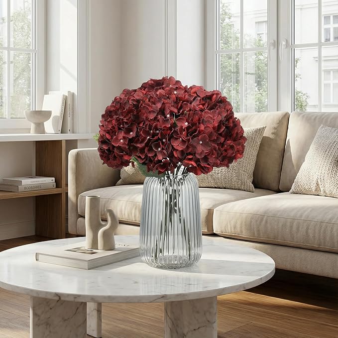 2Bouquets Artificial Fake Flowers Plants Silk Hydrangea Arrangements Wedding Bouquets Decorations Plastic Floral Home Kitchen Garden Party Festival Bar DIY (Dark Red,5 Flower Heads)