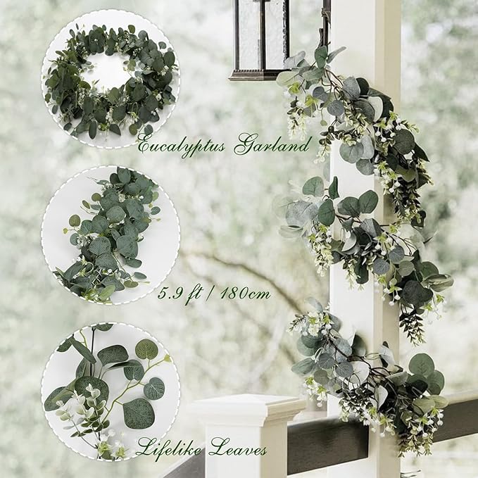 SOMYTING Artificial Eucalyptus Garland 2 Packs 5.9Ft Silver Dollar Eucalyptus Leaves Fake Vine with White Baby Breath Faux Greenery Garland Spring Garland for Mantle Table Wedding Party Decor (4PCS)