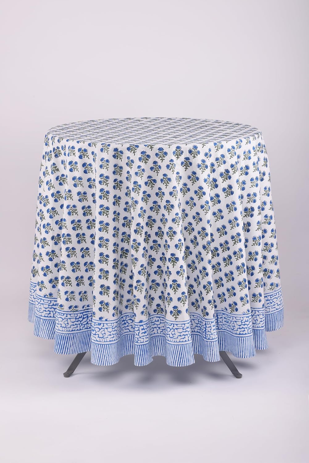 ATOSII Gulbahar Blue 100% Cotton Fall Round Tablecloth, Handblock Print Floral Table Cloth for Kitchen Dining Linen I Thanksgiving, Christmas, Weddings, Outdoors, Parties I 60" Inches I 4 Seater Table