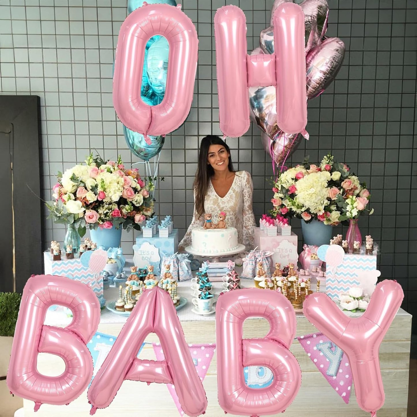 40 Inch Pastel Pink OH BABY Balloon for Baby Shower, Large Light Pink OH BABY Balloon Letters with Ribbon, Pearl Pink Alphabet Balloons Banner Sign for Girl Birthday Party Backdrop Decorations