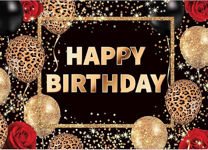 Homewelle Leopard Print Happy Birthday Backdrop 5Wx3H Feet Polyester Fabric Black Gold Red Cheetah Print Banner for Woman Girls Decoration Balloon Rose Cool Photography Background Photo Shoot Props