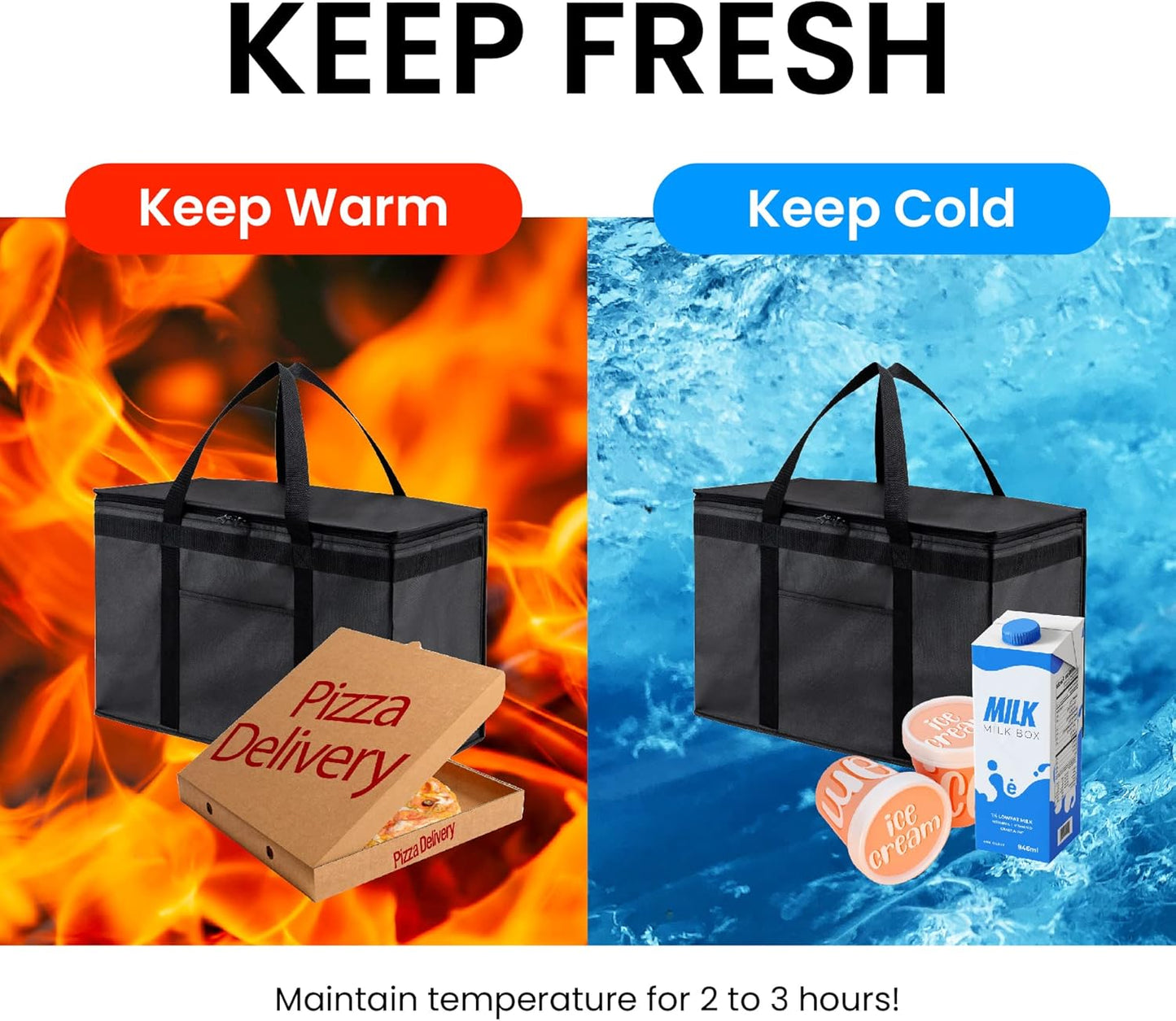 XXL Insulated Cooler Bag and Food Warmer for Delivery & Grocery Shopping with Zippered Top, Blue (1 pack)