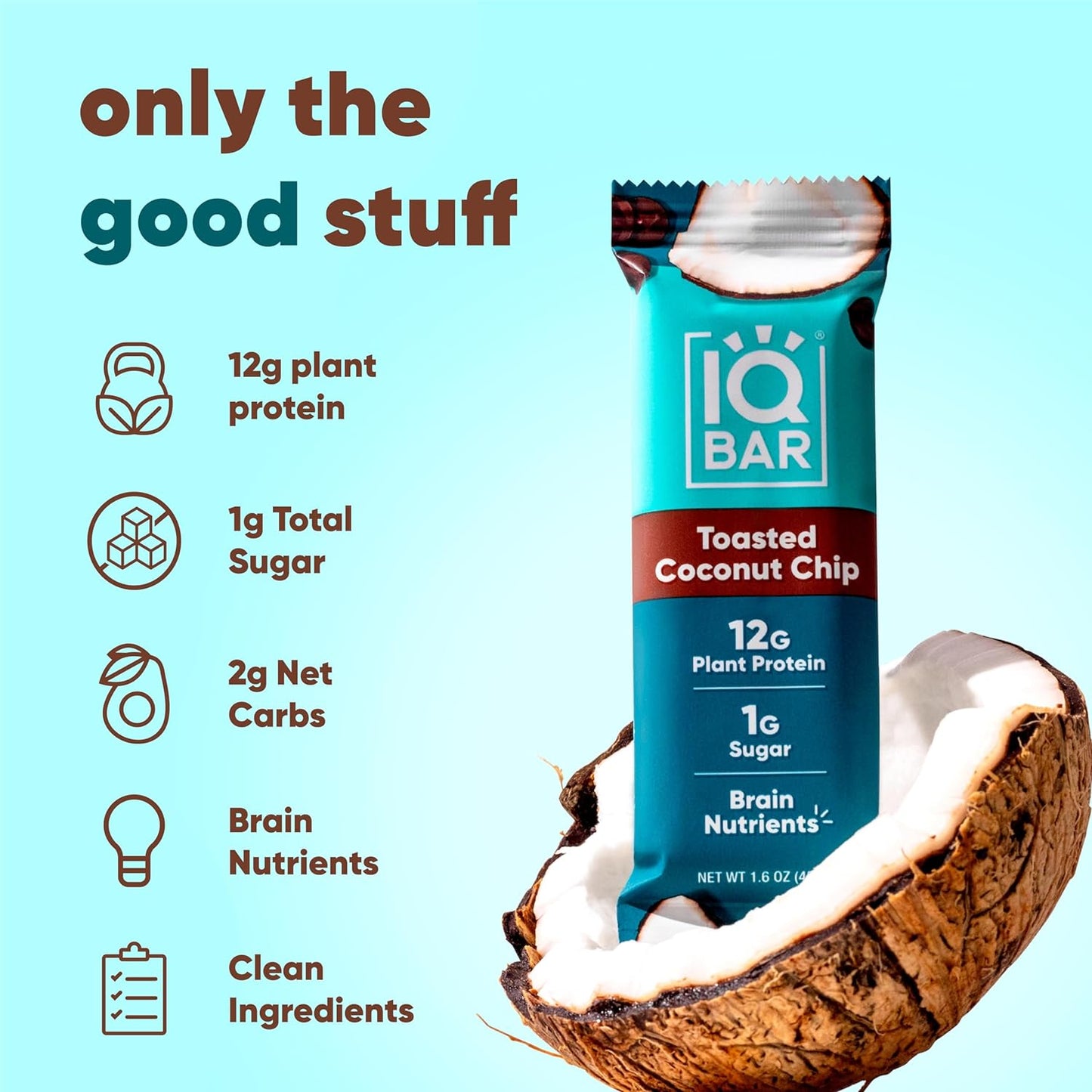 IQBAR Brain and Body Plant Protein Bars - Toasted Coconut Chip - 24-Count Low Carb - Gluten Free, High Fiber, Vegan Snacks - Low Sugar Meal Replacement
