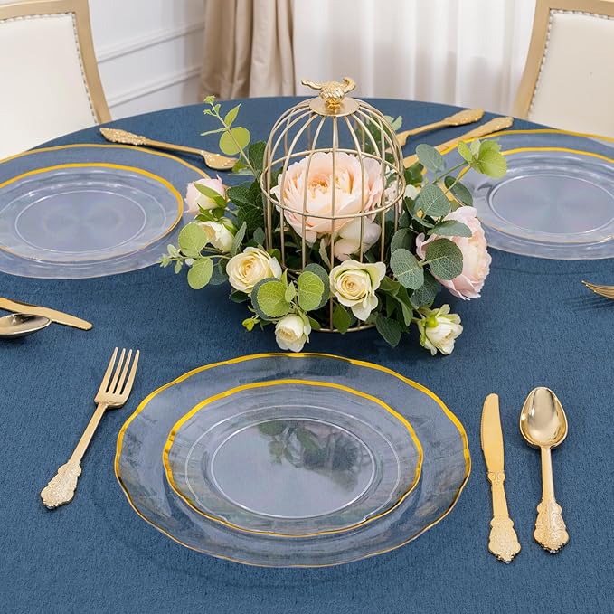 supernal 60Pcs Clear and Gold Plastic Plates,Clear Disposable Plate With Gold Rim,Heavy Duty Plastic Plates Set Perfect for Valentine's Day,Mother's Day,Easter,Wedding,Party