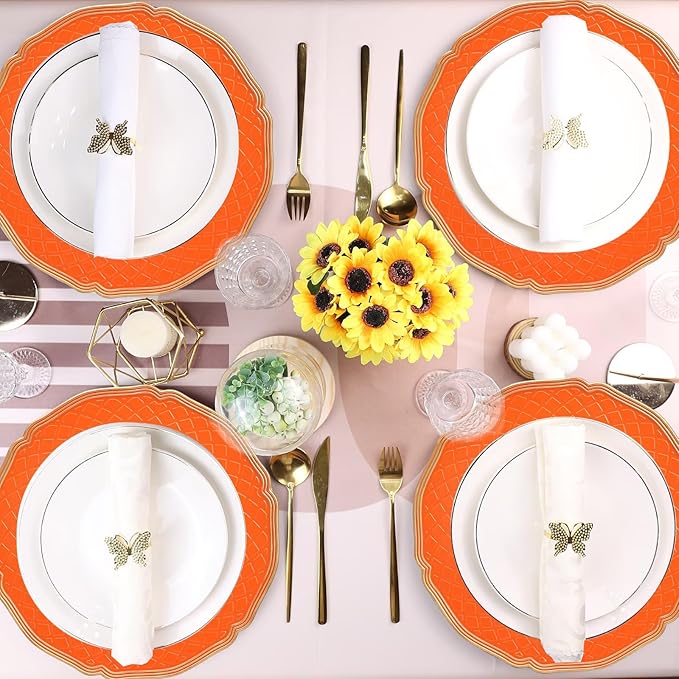 Orange Scallop Charger Plates, Set of 6 Plastic Wedding Bulk Plate Charges for Dinner Plates, Table Decoration, Holiday, Thanksgiving, Christmas.