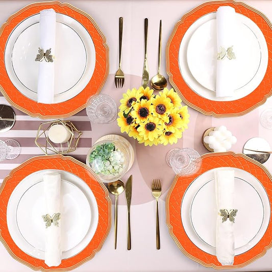 Orange Scallop Charger Plates, Set of 6 Plastic Wedding Bulk Plate Charges for Dinner Plates, Table Decoration, Holiday, Thanksgiving, Christmas.