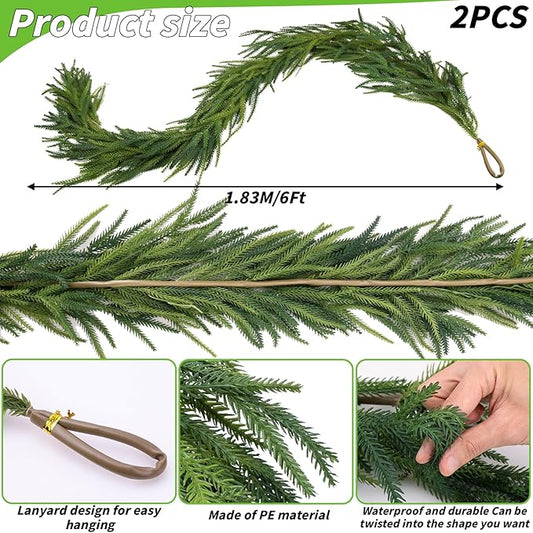 2 Pcs Christmas Decorations Artificial Norfolk Pine Garlands, 6 FT Dense Real Touch Winter Pine Garland Ornament, Green Greenery Garland for Table, Mantle, Wall, Indoor, Outdoor Christmas Decor