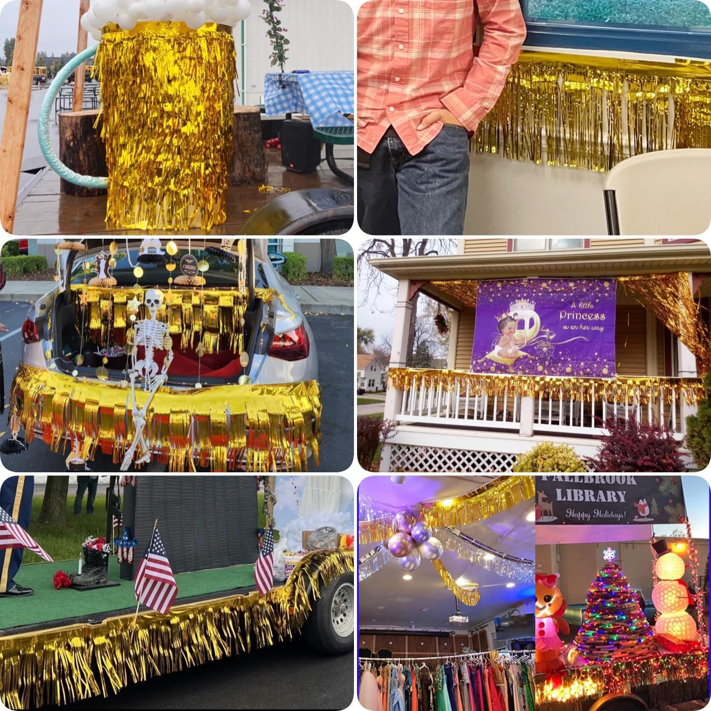3 Pack Total 30 Feet Foil Fringe Garland Metallic Wall Hanging Drapes Tassel Skirting Tinsel Streamers Decorations for Parade Float Trailer Mardi Gras Party Birthday Wedding (Gold)