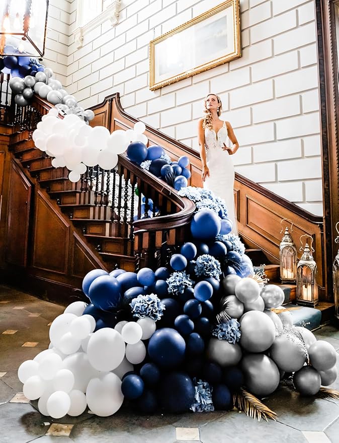 Navy Blue and Silver Balloons,12 Inch 60pcs Navy Blue Balloons with Silver Confetti Balloon,Pearl White Latex Balloon for Graduation,Birthday,Baby Shower,Anniversary,Wedding,Party