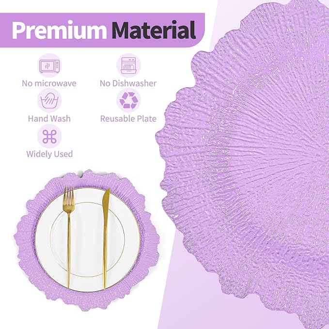 24 Pcs Lavender Charger Plates Bulk 13 Inch Plastic Charger Plates for Dinner Plate, Lavender Chargers for Table Setting, Reef Design Plate Floral Decorative Round Chargers for Wedding Party, Event