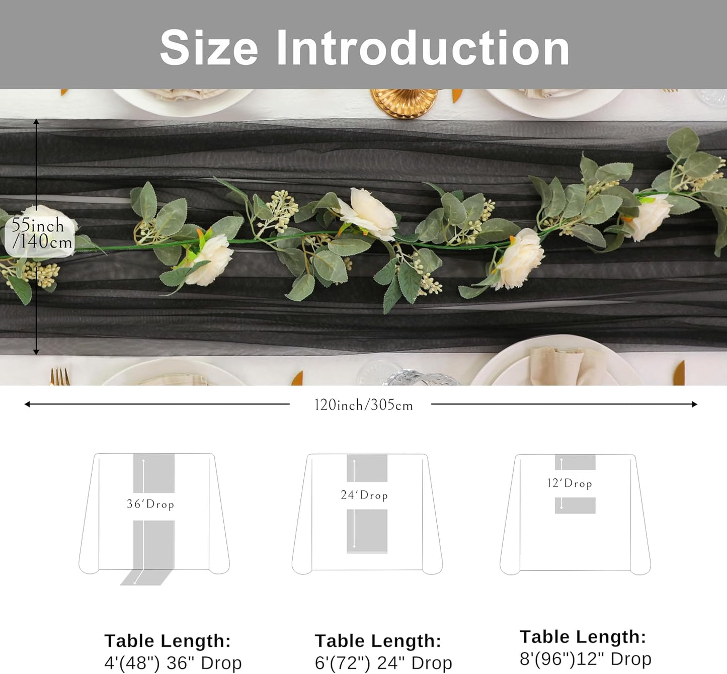 Snowkingdom Black Table Runner, 10FT Sheer Tulle Cheesecloth Gauze Runner 120 Inch, Boho Table Centerpieces Decoration for Wedding Baby Bridal Shower Birthday Halloween Holiday Party
