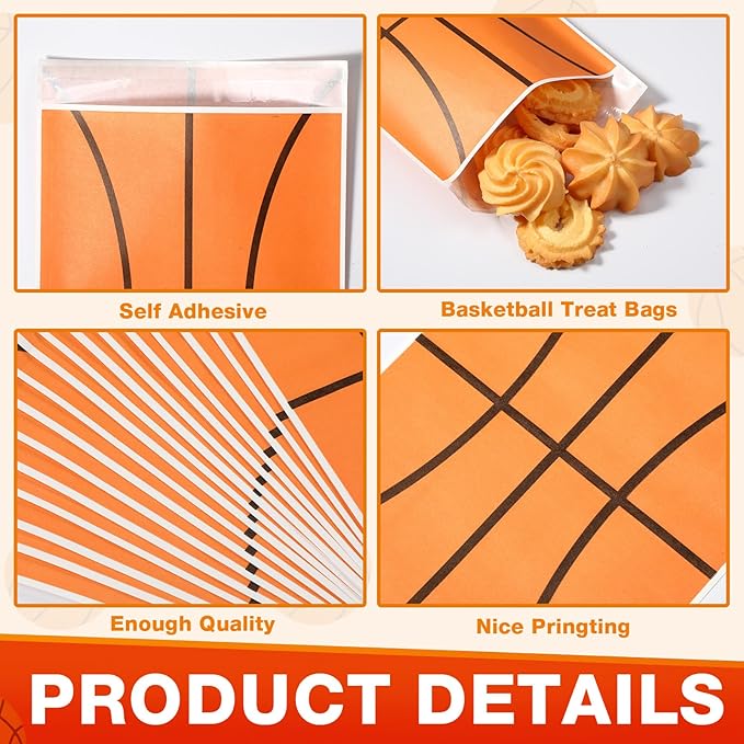 Tinlade 100 Pcs Basketball Kraft Treat Bags with Self Adhesive Basketball Theme Goodie Bags Paper Sport Candy Gift Pouches Bulk for Sport Ball Birthday Party Favor Supplies, 5x7 Inch