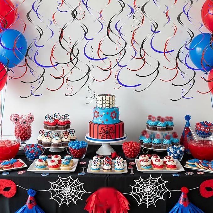 BEISHIDA Red Blue Black Hanging Swirls Party Decorations Plastic Streamer for Spider Theme Birthday Party, Graduation，Birthday Supplies，Pack of 24