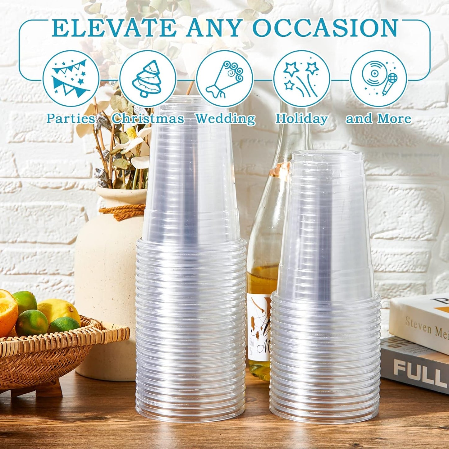 Turbo Bee 100 Pack 16 OZ Clear Plastic Cups, Disposable Crystal Plastic Party Cups for Iced Coffee, Smoothie, Slurpee, or Any Cold Drinks